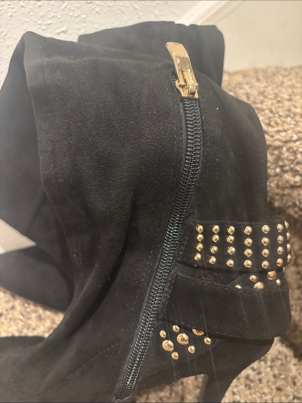 BCBGeneration Black Suede Ankle Boots with Gold Buckle & Studs
